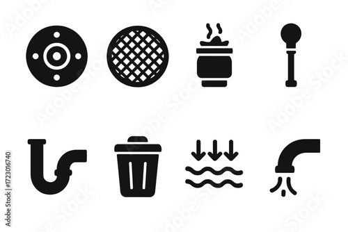 Clog Prevention Icons. Clog prevention. Filled icon set of Clog prevention: drain strainer, mesh cover,