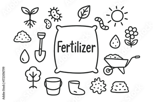Fertilizer Doodle Icons. Fertilizer. Hand-drawn doodle illustration of fertilizer. In the middle, one slightly
