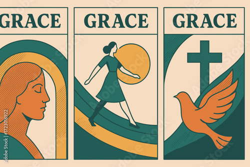 Retro Minimalist Posters. grace. Three minimalist vintage-style posters placed side by side in one single