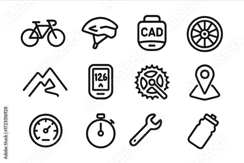 Cycling App Icons. Speed tracking mobile app. Line outline icon set of Speed tracking mobile app: bicycle,