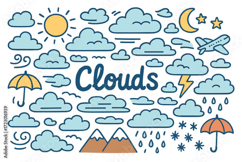 Colorful Cloud Doodle. Clouds. Hand-drawn doodle illustration of Clouds. cumulus clouds, cirrus clouds,