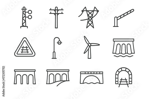 Scenic Train Icon Set. Taking a scenic train ride through picturesque countryside. Line outline icon set of