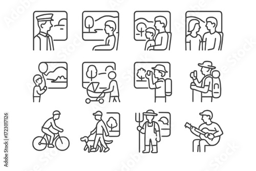 Countryside Train Icons. Taking a scenic train ride through picturesque countryside. Line outline icon set of
