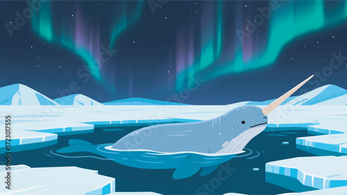 Illustration Of Narwhal Swimming In The Arctic Ocean Thick Ice On The Surface With Aurora In The Sky Vector Design Template