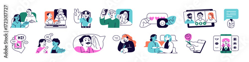 Let's talk concept set. Communication of people by texting, phone and video calls. Men and women are greeting, conversing by online chat and smartphones. Flat isolated vector illustrations on white