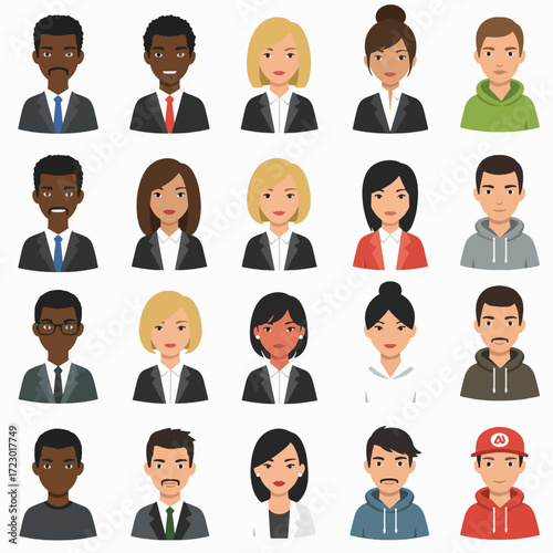 Diverse Collection of Cartoon People Portraits with Varied Hairstyles and Attire.