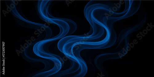 Abstract blue smoke waves with flowing light and motion against a black background creating a smooth colorful art design and texture
