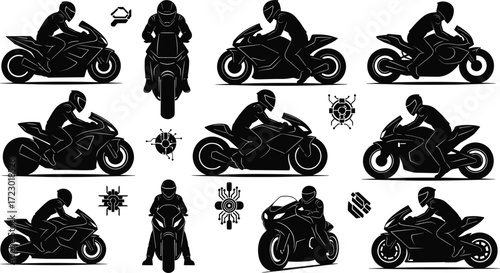 Motorcycle rider silhouettes, sportbike poses, mechanical icons, gears, pistons, engineering design, racing bike, helmet safety, transport illustration, speed, black figures