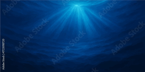 Bright sunlight rays illuminate the deep blue ocean water, creating a stunning underwater abstract design