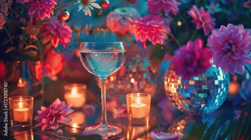 Sparkling party still life with cocktail glass flowers candles and confetti in vivid neon bokeh, festive celebration close up