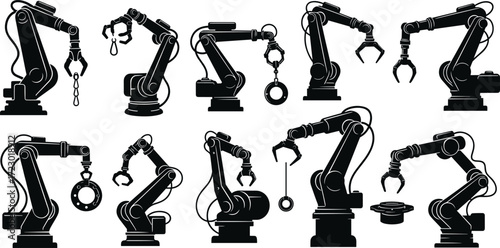 Robotic arm silhouettes, industrial automation, mechanical engineering, factory equipment, automation technology, assembly line, precision tools, robotics research, innovation, production process