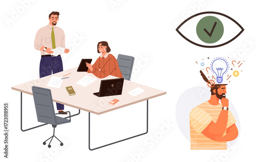 Two colleagues working at a desk with laptops, tablets, and notepads, alongside visuals of an eye with a checkmark and a man brainstorming ideas. Ideal for teamwork, productivity, innovation, vision
