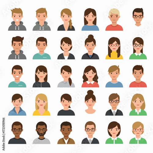 Diverse Collection of Flat Design People Avatars Representing Various Ethnicities and Styles.