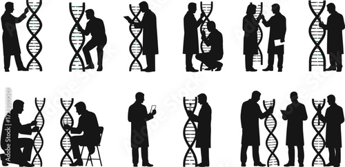 Scientists silhouettes with DNA double helix, genetics research illustration, molecular biology artwork, biotechnology concept design, DNA science collaboration artwork