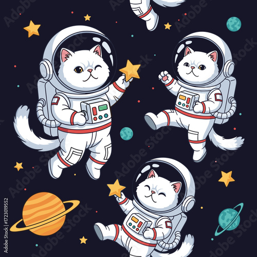 Playful astronaut cats explore space surrounded by stars and planets a whimsical adventure