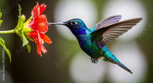 Colorful Hummingbird Sipping Nectar from a Flower.
