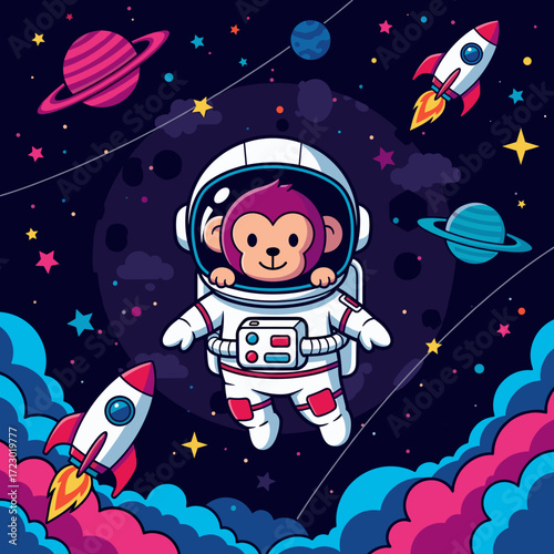 Cute monkey astronaut floating in vibrant space with planets and rockets Childhood exploration dream
