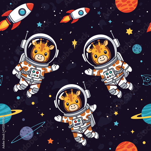 Cute giraffe astronauts explore space with rockets and planets perfect for kids designs