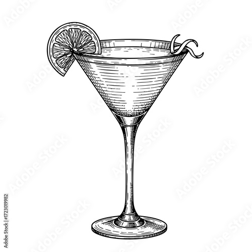 A cocktail in a martini glass, black and white vector illustration in sketch style. Cosmopolitan retro engraving for bars and menus. The drink is garnished with a lime wedge and zest.