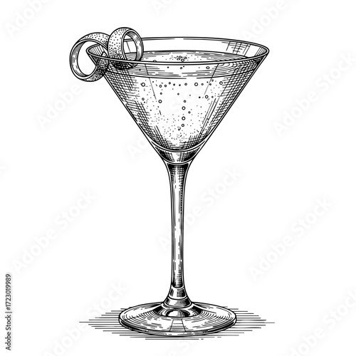 A cocktail in a martini glass, black and white vector illustration in sketch style. Cosmopolitan retro engraving for bars and menus. The drink is garnished with a lime wedge and zest.