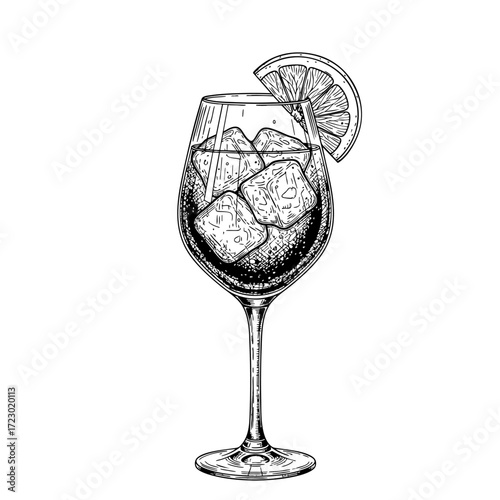Spritz or limoncello cocktail vector illustration in sketch style. Hand drawn line art for menu and recipes. Monochrome engraving of traditional Italian aperitif.	