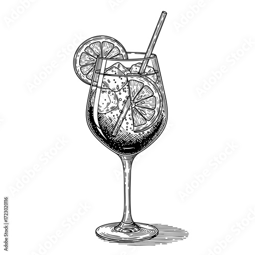 Spritz or limoncello cocktail vector illustration in sketch style. Hand drawn line art for menu and recipes. Monochrome engraving of traditional Italian aperitif.	