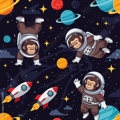 Happy monkey astronauts explore space with rockets and colorful planets Childlike wonder