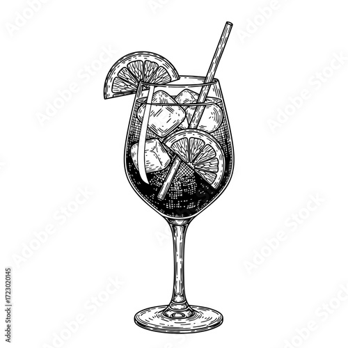 Spritz or limoncello cocktail vector illustration in sketch style. Hand drawn line art for menu and recipes. Monochrome engraving of traditional Italian aperitif.	