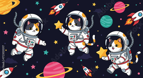 Cute cartoon cats in astronaut suits exploring outer space with rockets and planets