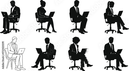 Silhouette business professionals on laptops, office teamwork, digital work, corporate communication, productivity, workplace diversity, technology, collaboration, success, modern lifestyle