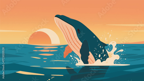 Illustration Of A Humpback Whale Jumping With A Splash Of Water Against The Backdrop Of The Sunset On The Ocean Horizon Vector Design Template