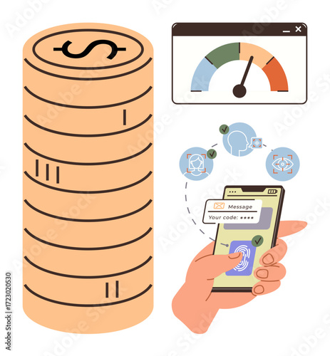 Hand verifies smartphone login with biometric and code authentication. Stack of coins symbolizes finances. Credit score gauge emphasizes financial health. Ideal for finance, security, banking