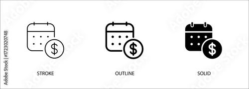 Calendar icon with money for finance management, income, bank, interest, debt, deadline. Editable vector stroke icon, outline and solid. Eps10 file.