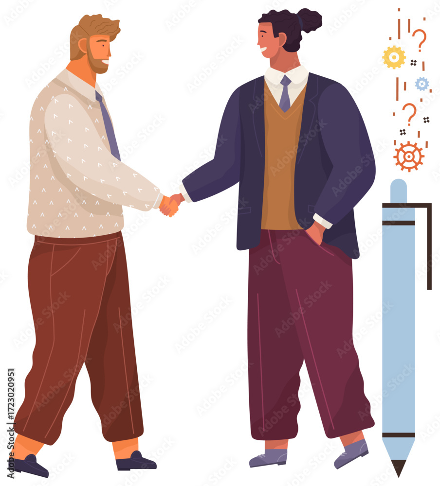Fototapeta premium Two professionals dressed formally shaking hands, symbolizing collaboration and mutual agreement. Ideal for business, teamwork, partnership, negotiation, trust, communication, leadership concepts