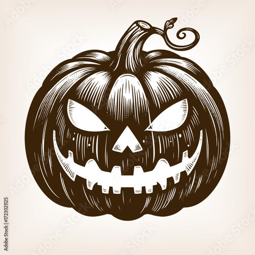 carved jack-o-lantern pumpkin with an eerie, menacing face for Halloween decoration sketch engraving generative ai vector illustration. Scratch board imitation. Black and white image.