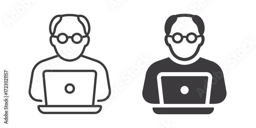 Senior with laptop icons. Symbol of digital literacy and online learning. Vector illustration.