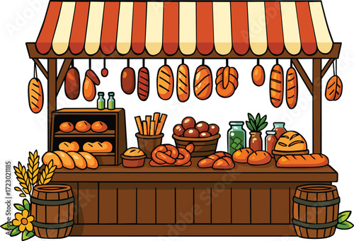 Bakery market stall with fresh bread, pretzels, baguettes, jars, and rustic wooden details. Perfect for food themes, farmers market promotions, culinary projects, and bakery branding. EPS editable.