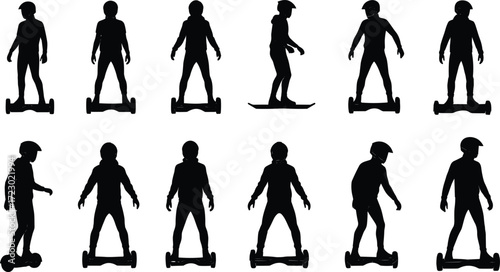 Silhouette hoverboard riders, personal mobility, electric transport, futuristic commuting, urban lifestyle, technology, innovation, balance, safety, modern travel, eco transportation