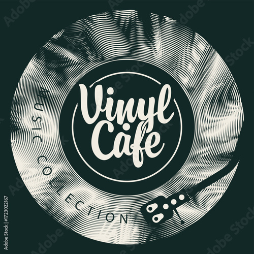 Vector menu or banner for cafe or music restaurant with vinyl records, plate, player and inscription in vintage style. Advertising poster, flyer, signboard, logo, menu. No ai used