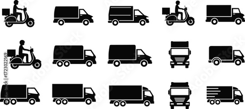 Silhouette icons of delivery vehicles, scooter, van, truck, freight transport, logistics, shipping, courier service, transportation, supply chain, fleet