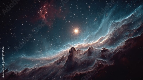 Amazing nebula in dark sky with red cloud and stars, bright white star at center for astronomical theme