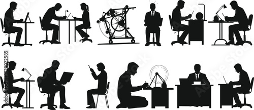 Silhouette scientists, students, researchers studying, reading, experimenting, innovation, STEM education, academic learning, technology, discovery, teamwork, knowledge, research, science