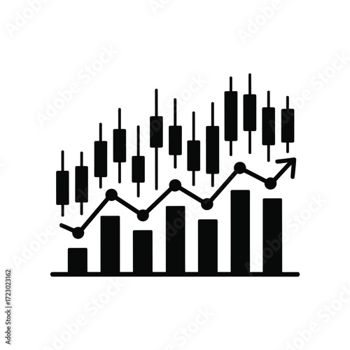 Financial market trading candlestick chart and bar graph showing upward trend