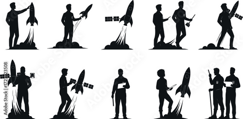 Silhouettes of people with rockets and satellites, presenting, launching, and monitoring space technology, showcasing aerospace engineering, science, and exploration
