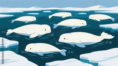 Illustration Of White Beluga Whales Swimming In Groups In Polar Waters Vector Design Template