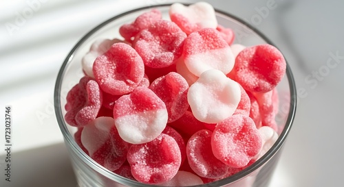 Colorful Pink and White Candy in Glass Bowl.