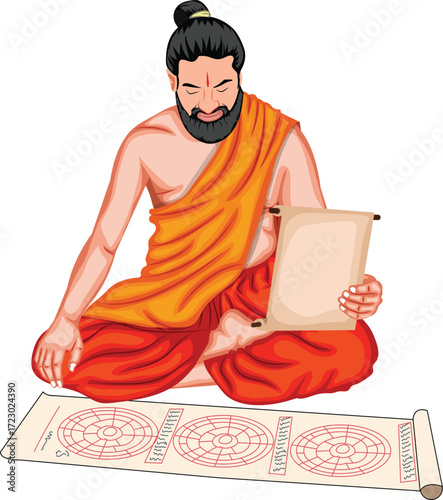 Indian Pandit is Reading a Horoscope Vector Illustration 