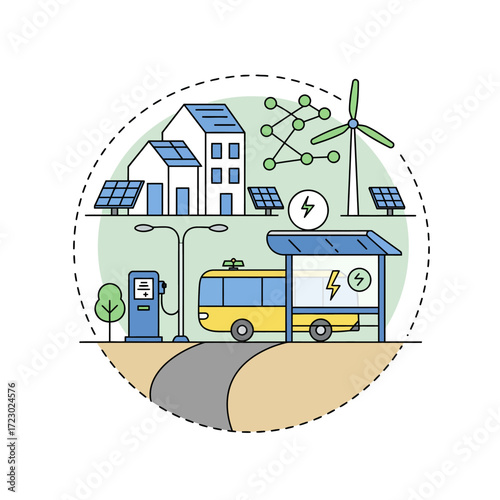 Illustration of a sustainable city with electric bus, solar panels, wind turbines, and charging stations.