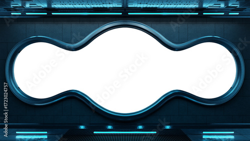 Fototapeta Naklejka Na Ścianę i Meble -  Black spaceship interior with isolated cut out transparent modern window. Futuristic dark starship with glowing blue lights