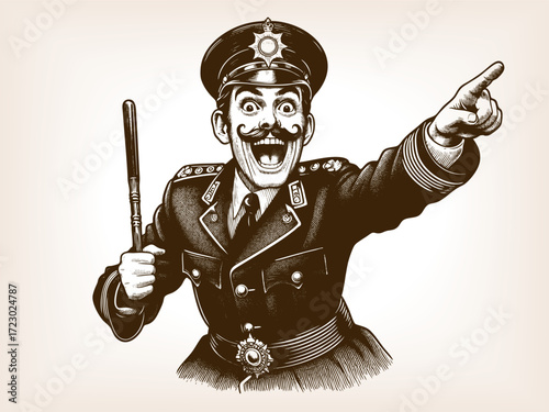 mustached policeman, holding a baton and pointing with exaggerated wide-eyed comic expression sketch engraving generative ai fictional character vector illustration. Scratch board. Black and white.